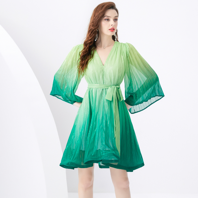 Vacation short V-neck gradient trumpet sleeves dress