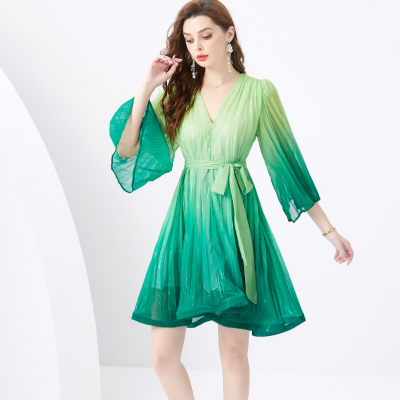 Vacation short V-neck gradient trumpet sleeves dress