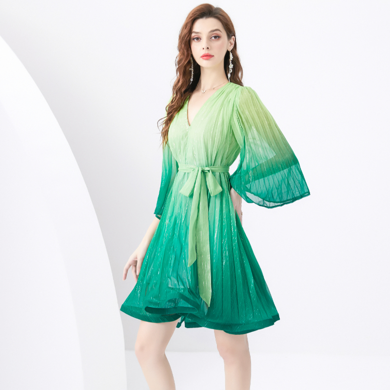 Vacation short V-neck gradient trumpet sleeves dress