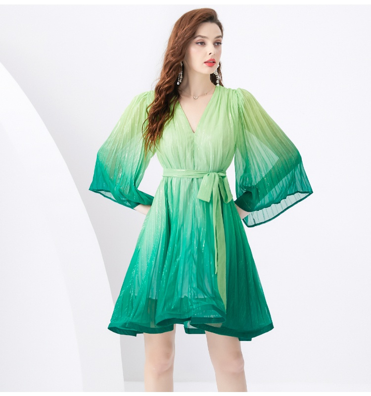 Vacation short V-neck gradient trumpet sleeves dress