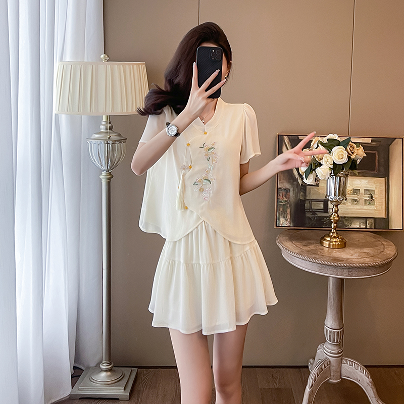 Embroidery fashion skirt summer all-match shirt a set