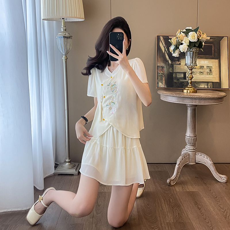 Embroidery fashion skirt summer all-match shirt a set