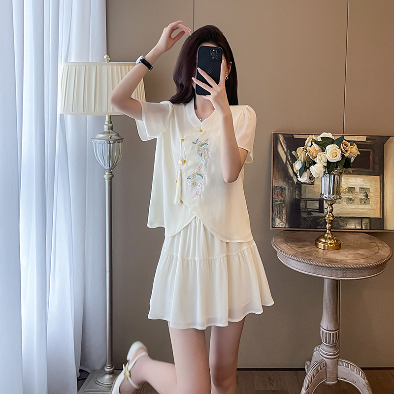 Embroidery fashion skirt summer all-match shirt a set