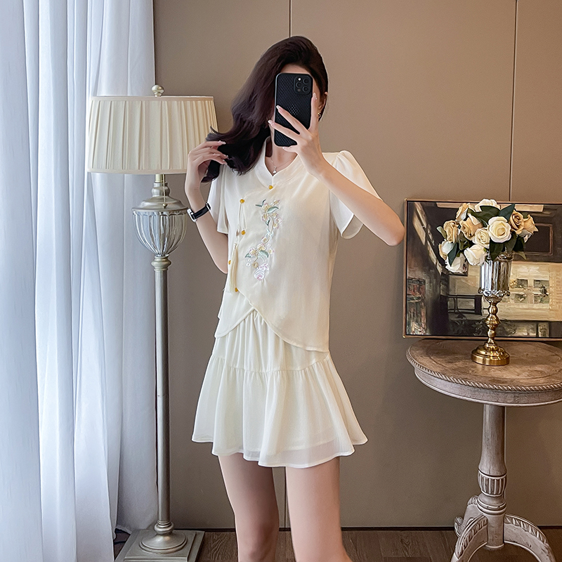 Embroidery fashion skirt summer all-match shirt a set