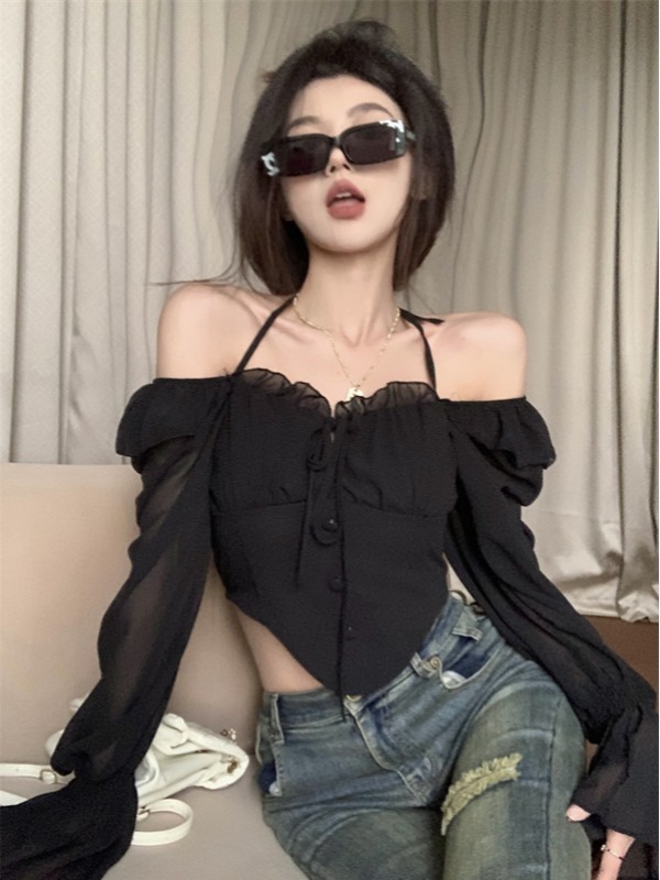 Irregular niche clairvoyant outfit halter flat shoulder tops