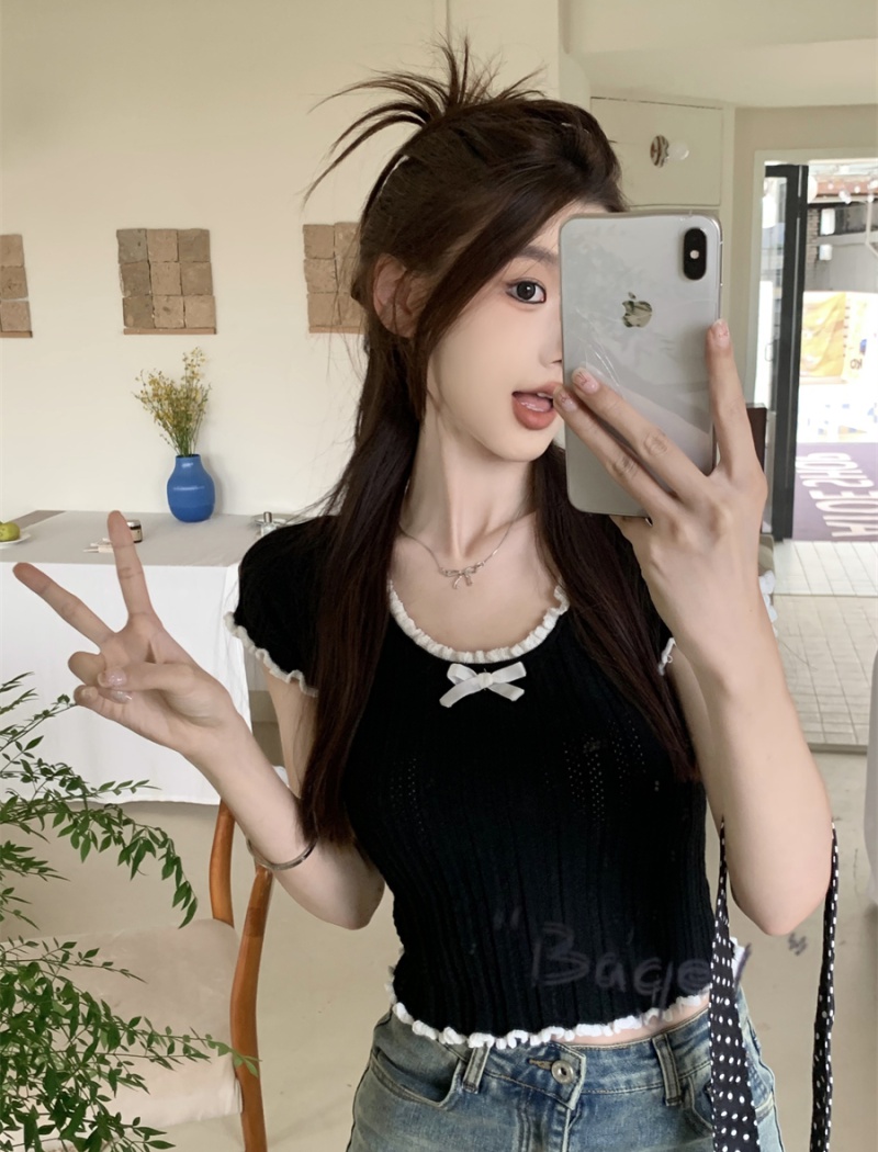 Short lace summer T-shirt bow fold black tops