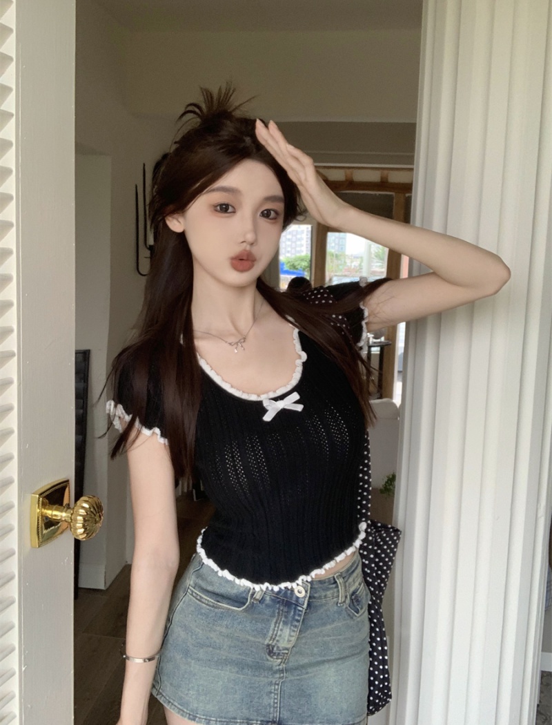 Short lace summer T-shirt bow fold black tops