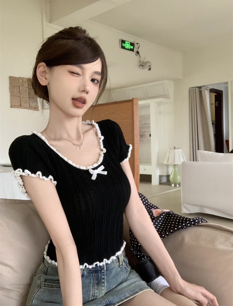 Short lace summer T-shirt bow fold black tops