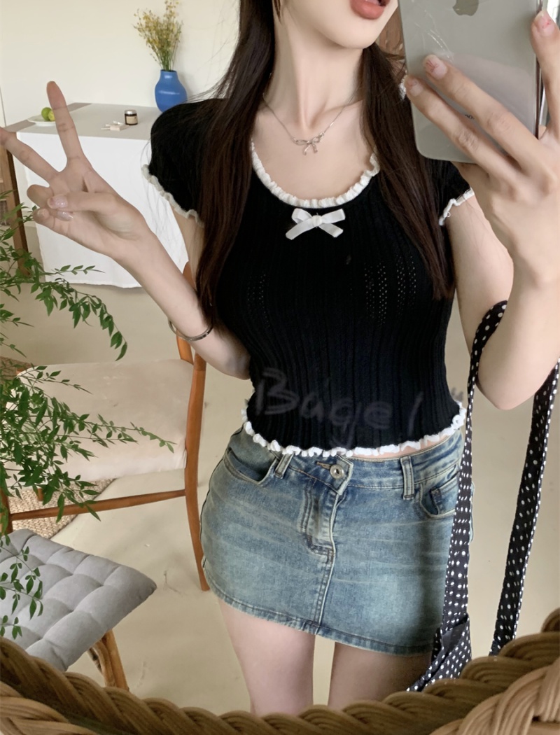 Short lace summer T-shirt bow fold black tops