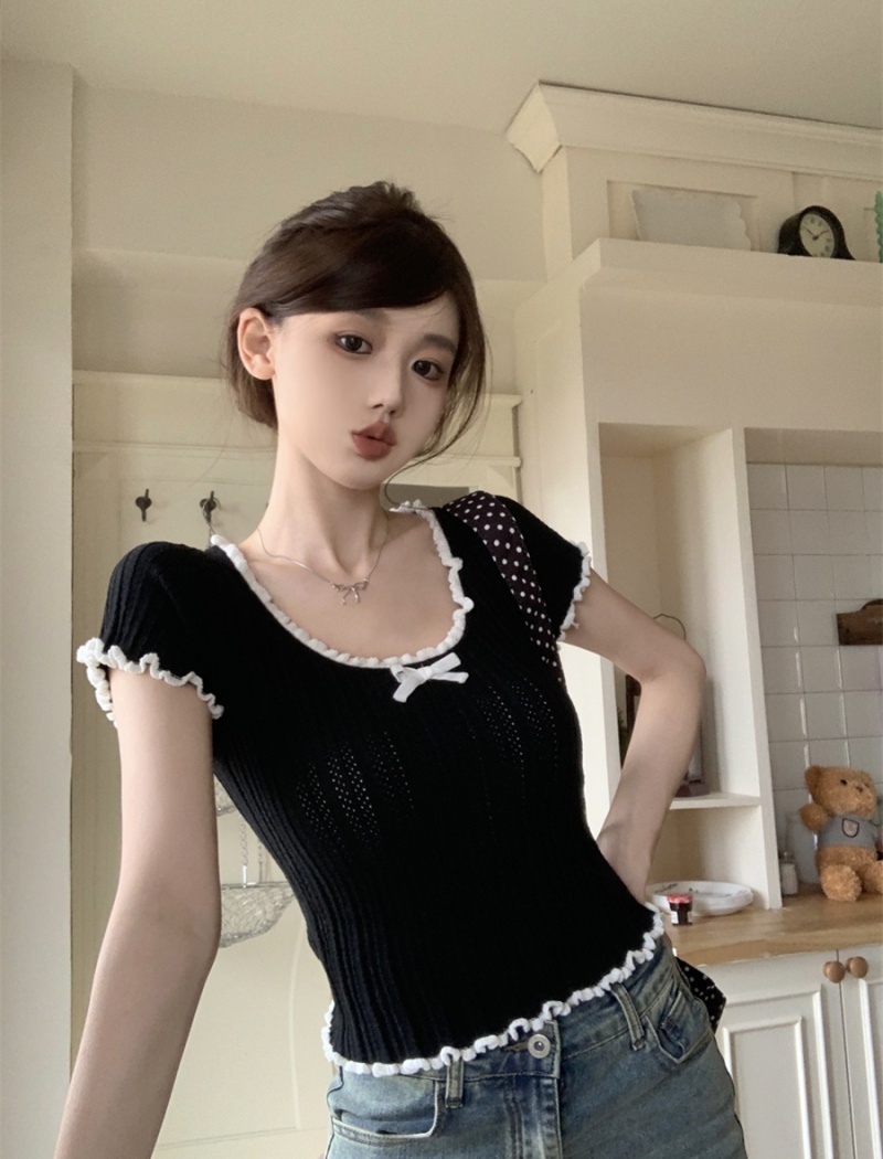 Short lace summer T-shirt bow fold black tops