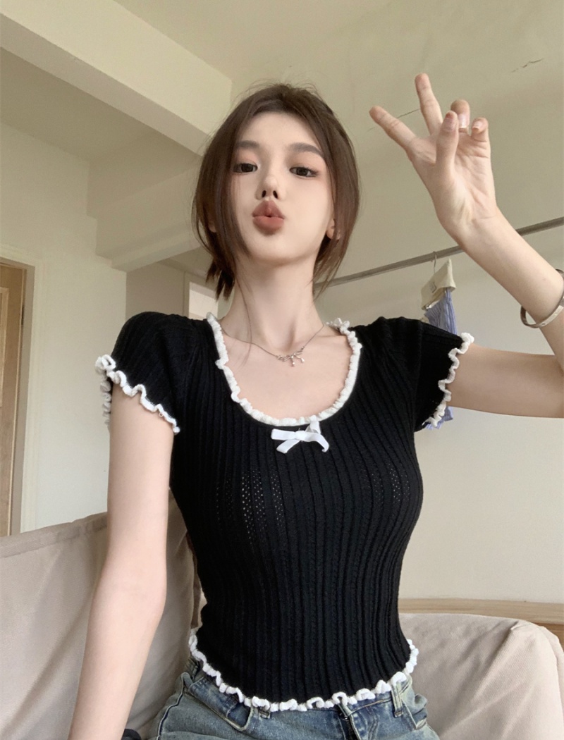 Short lace summer T-shirt bow fold black tops