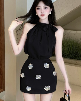 Halter satin bow tops sequins flowers skirt 2pcs set