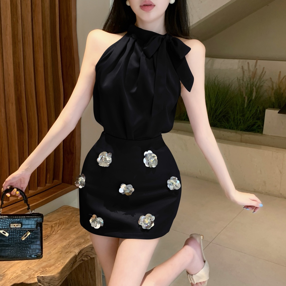 Halter satin bow tops sequins flowers skirt 2pcs set