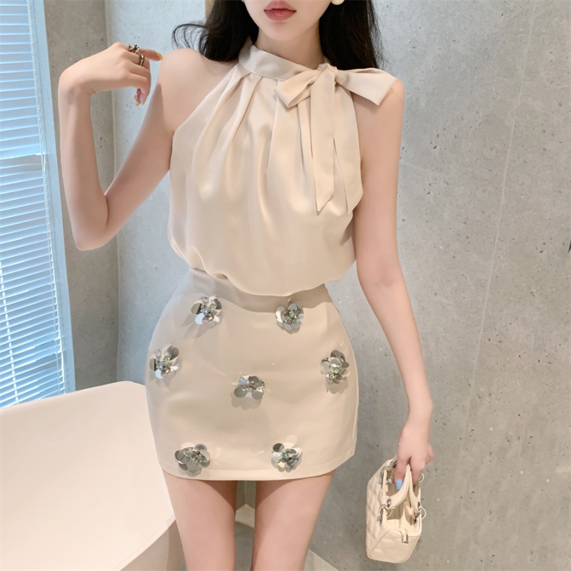 Halter satin bow tops sequins flowers skirt 2pcs set