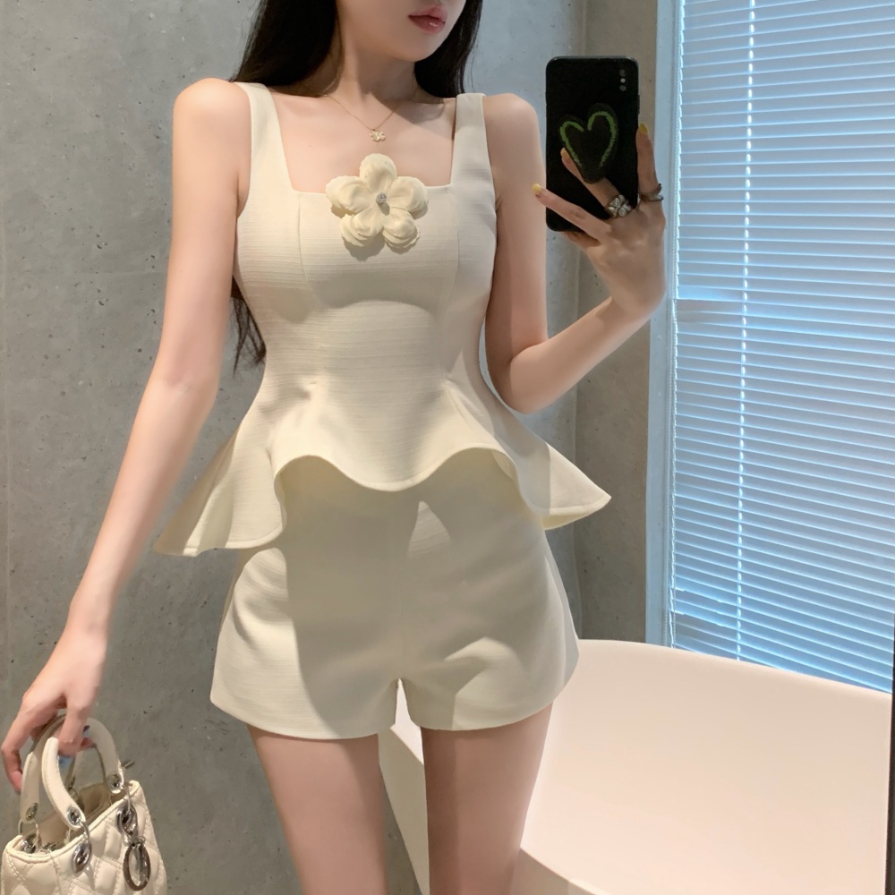 Chanelstyle sling high waist skirt hem vest 2pcs set