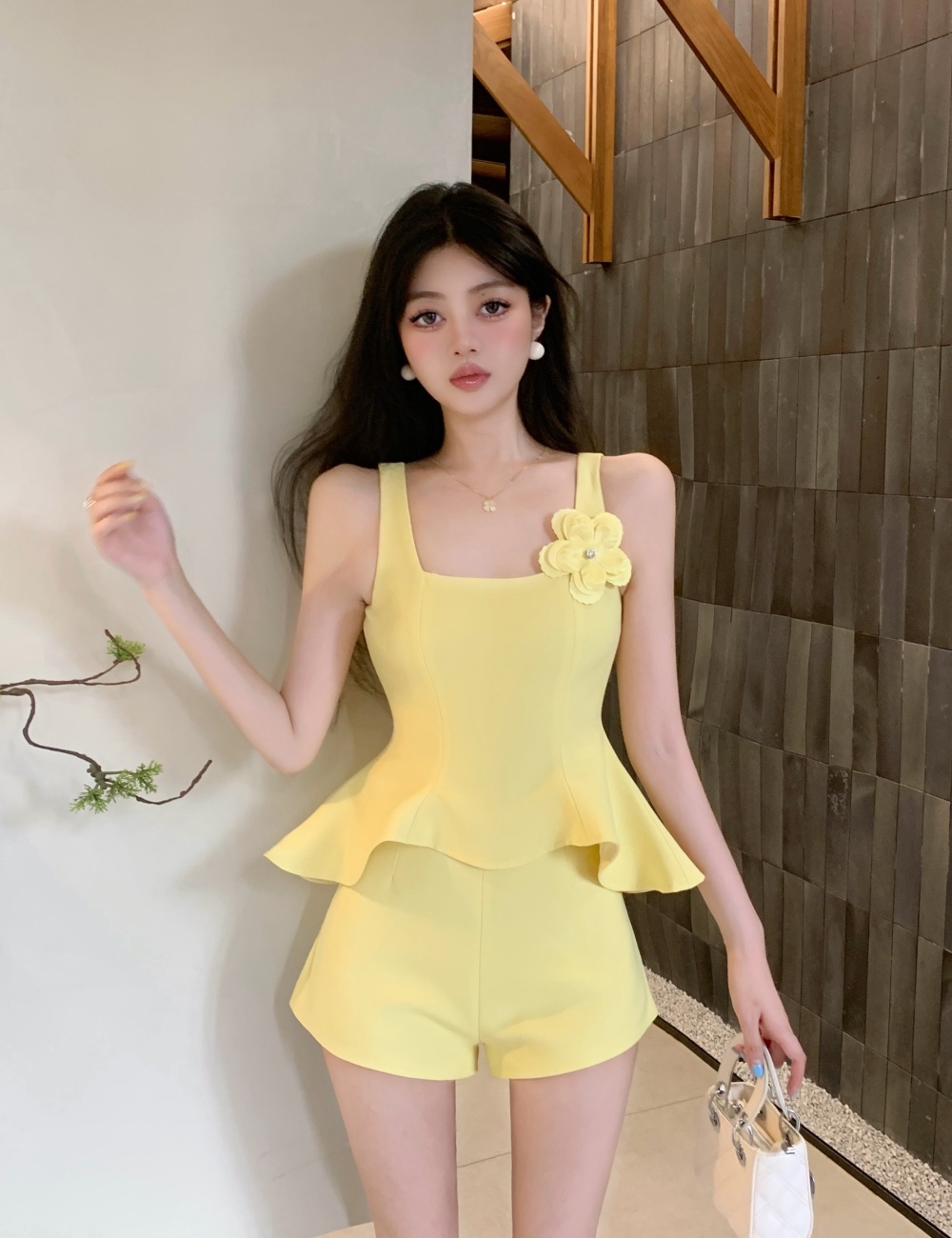 Chanelstyle sling high waist skirt hem vest 2pcs set