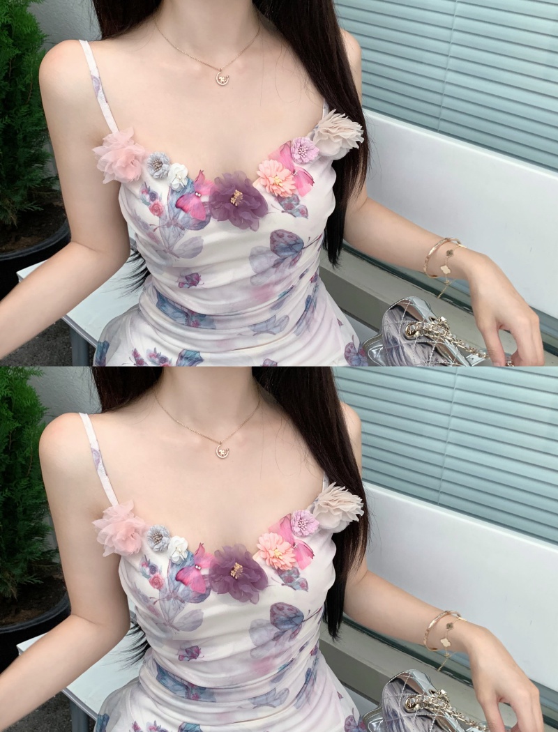 Sling stereoscopic dress flowers floral T-back