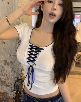 Knitted short sleeve tops bandage square collar T-shirt for women