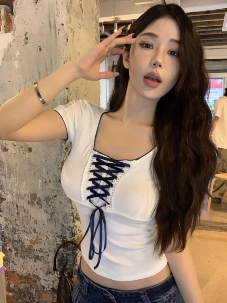 Knitted short sleeve tops bandage square collar T-shirt for women