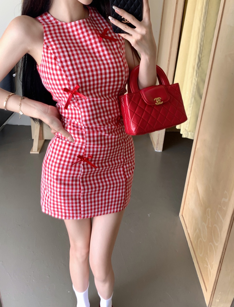 Plaid short retro sleeveless dress bow summer dress