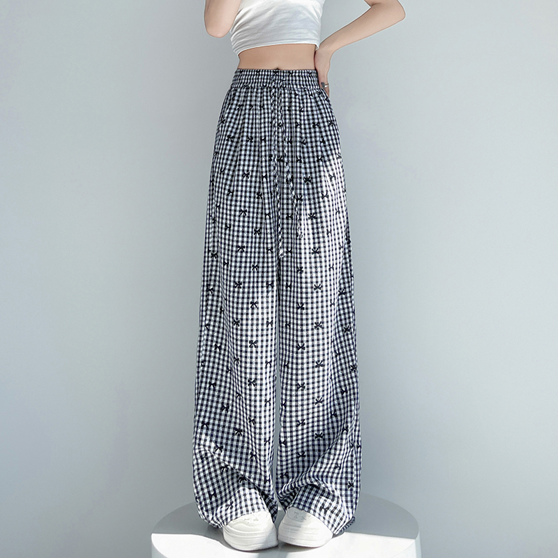 Bow mopping wide leg pants plaid Casual pants for women