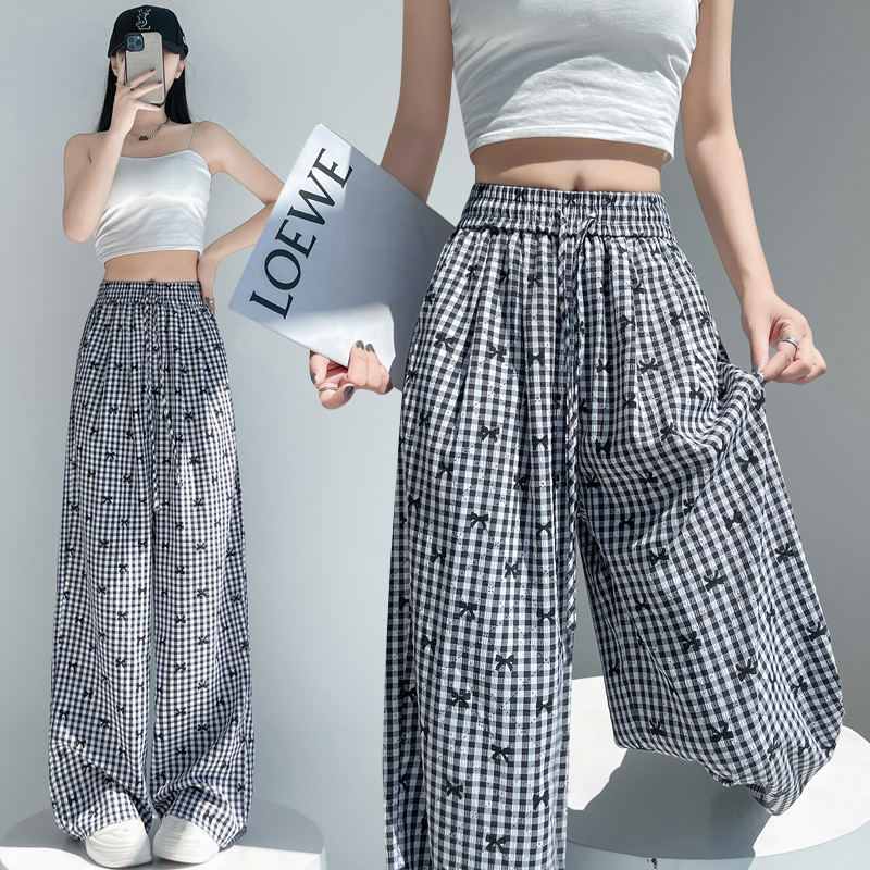 Bow mopping wide leg pants plaid Casual pants for women