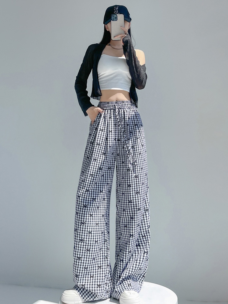 Bow mopping wide leg pants plaid Casual pants for women