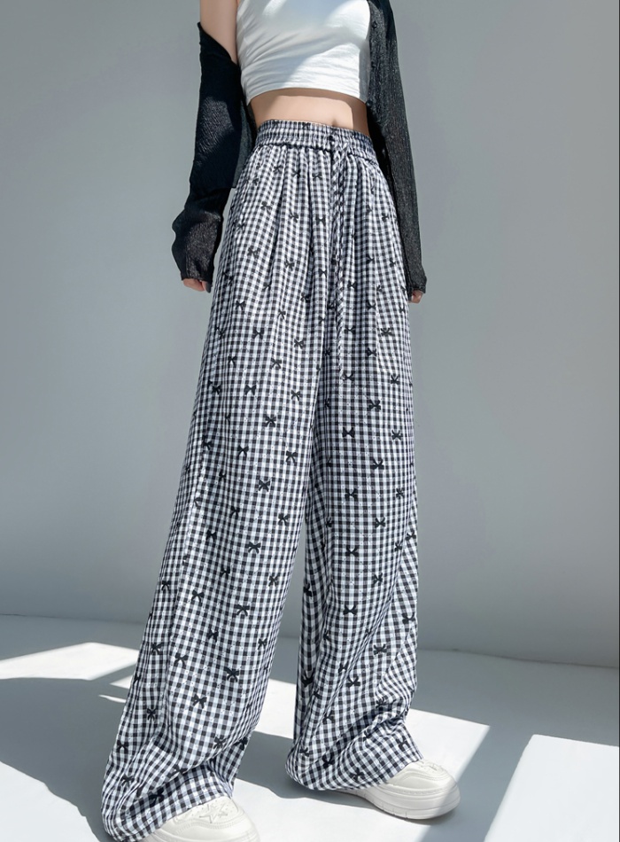 Bow mopping wide leg pants plaid Casual pants for women