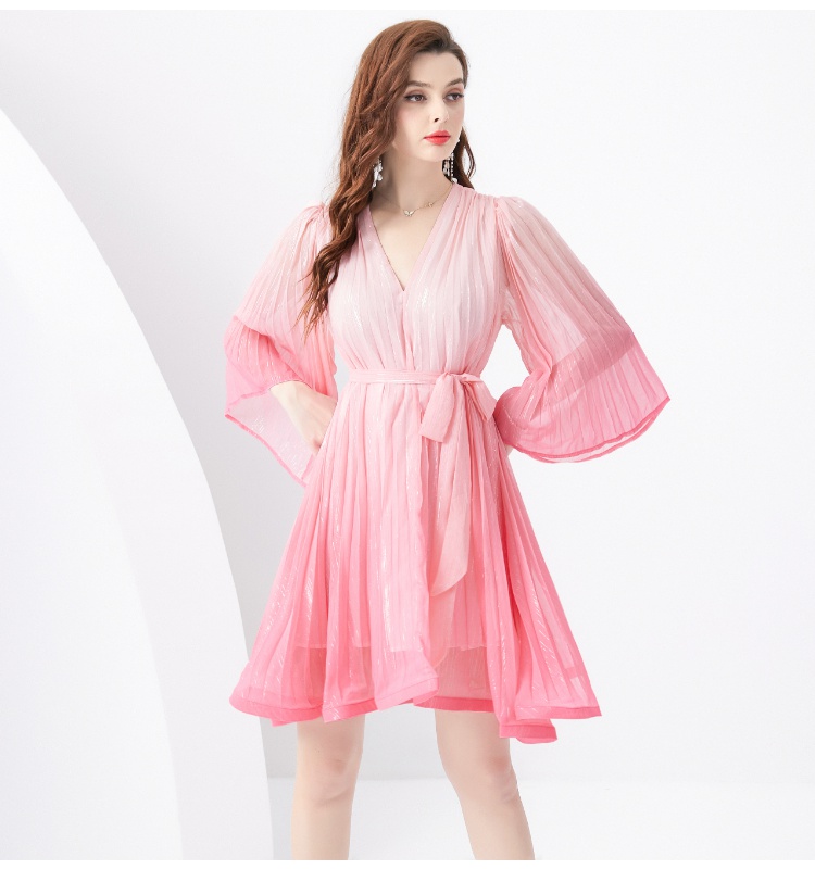 V-neck trumpet sleeves mini gradient wavy edge vacation dress