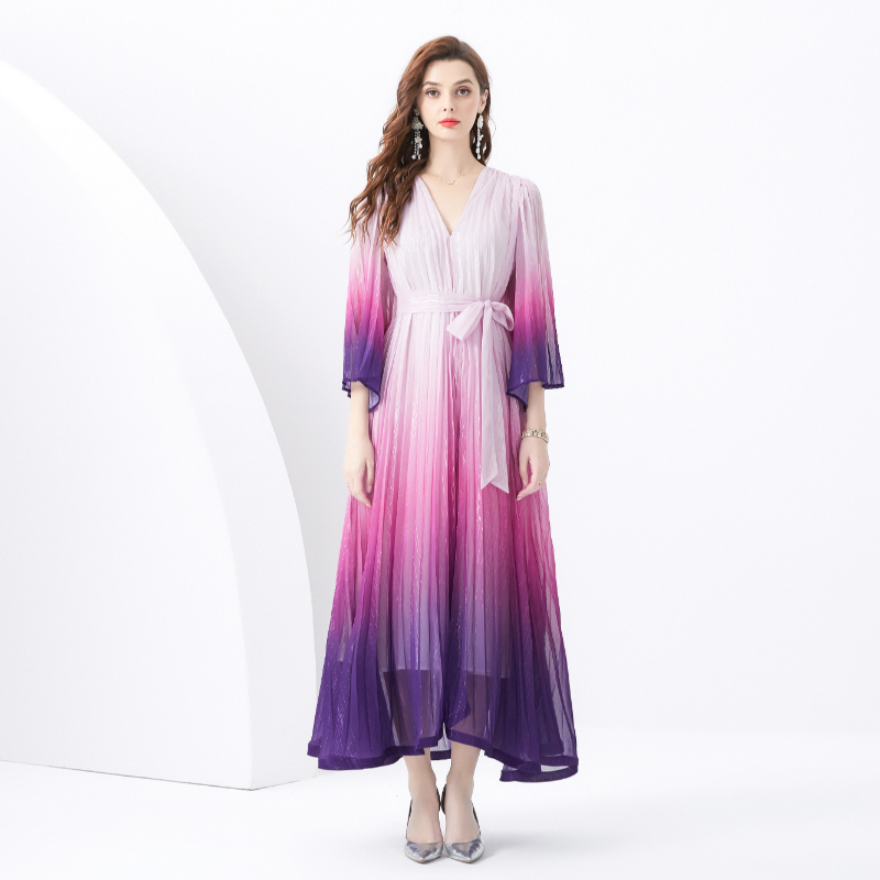 Vacation wavy edge long pleated trumpet sleeves V-neck dress