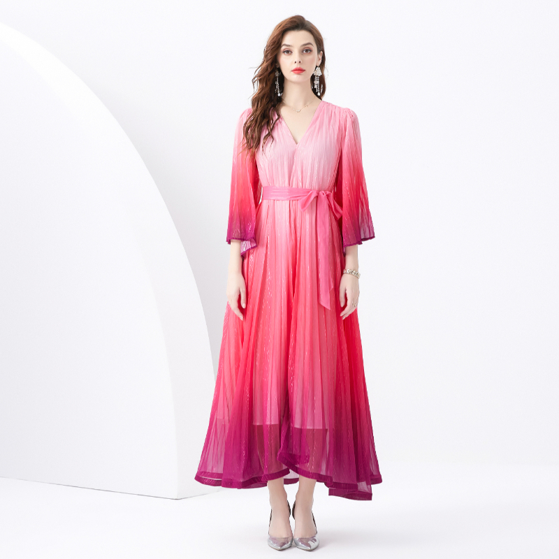 Wavy edge long printing trumpet sleeves pleated dress