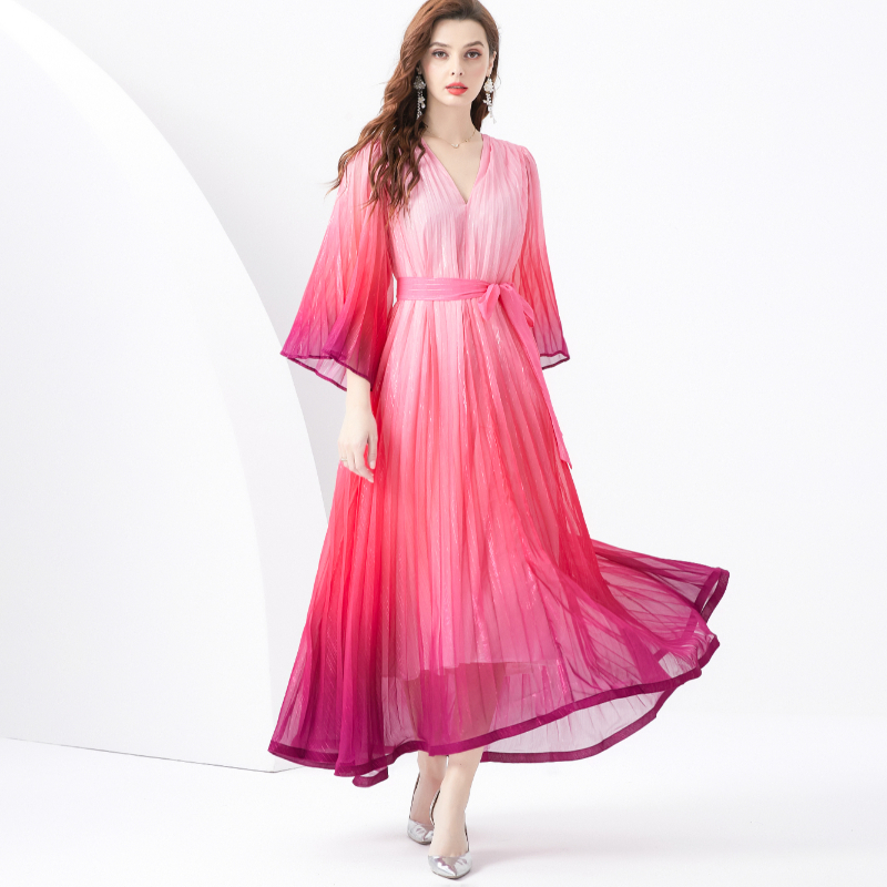 Wavy edge long printing trumpet sleeves pleated dress