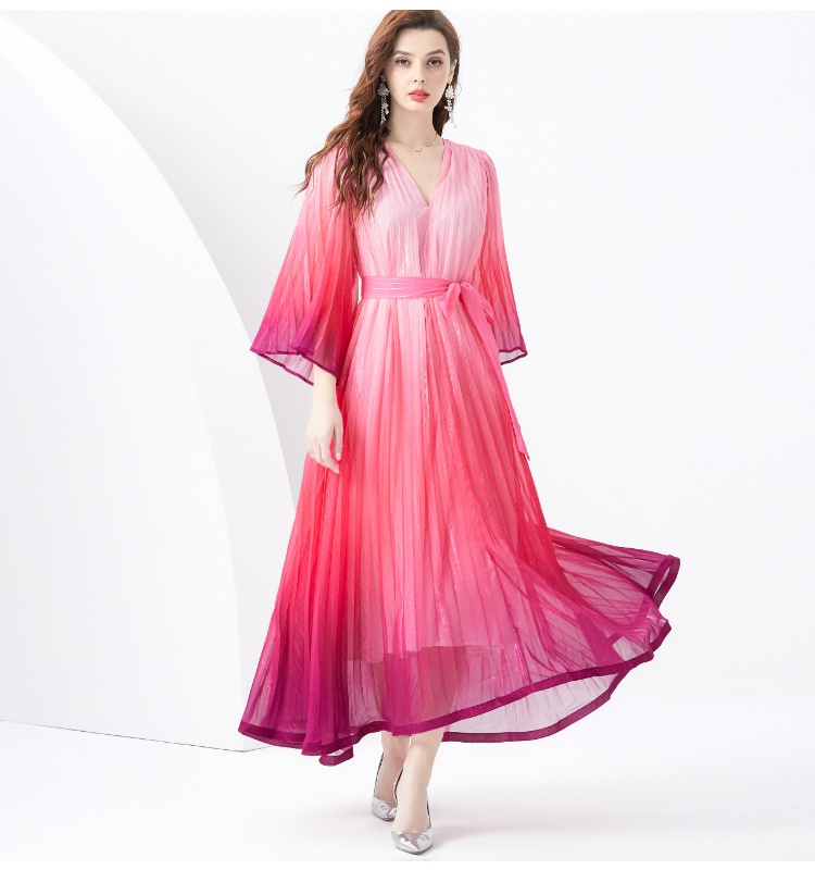 Wavy edge long printing trumpet sleeves pleated dress