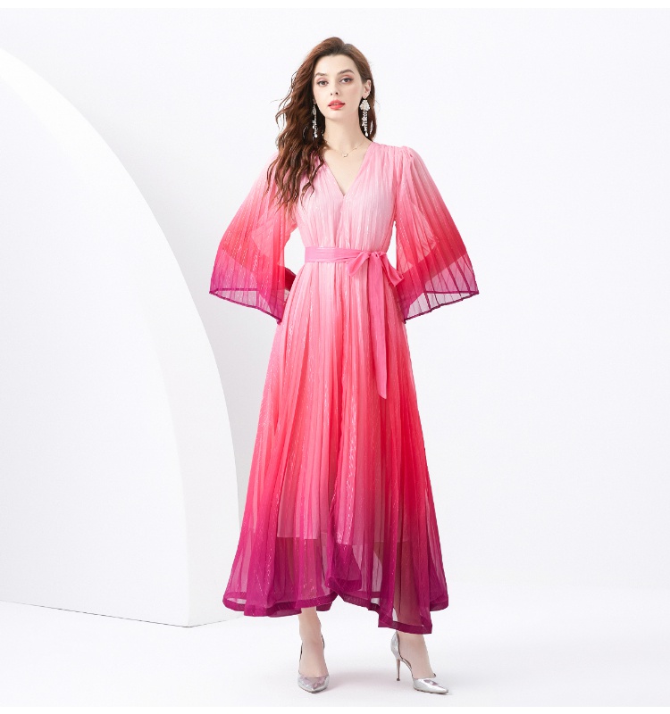 Wavy edge long printing trumpet sleeves pleated dress