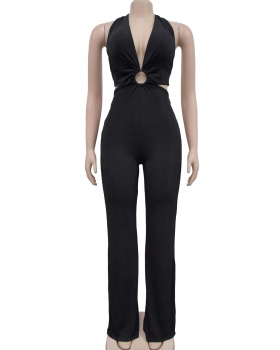 V-neck pure jumpsuit European style fashion long pants