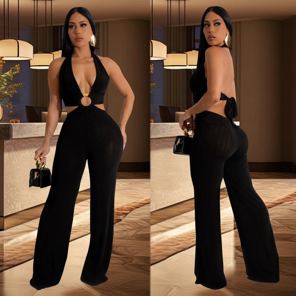 V-neck pure jumpsuit European style fashion long pants