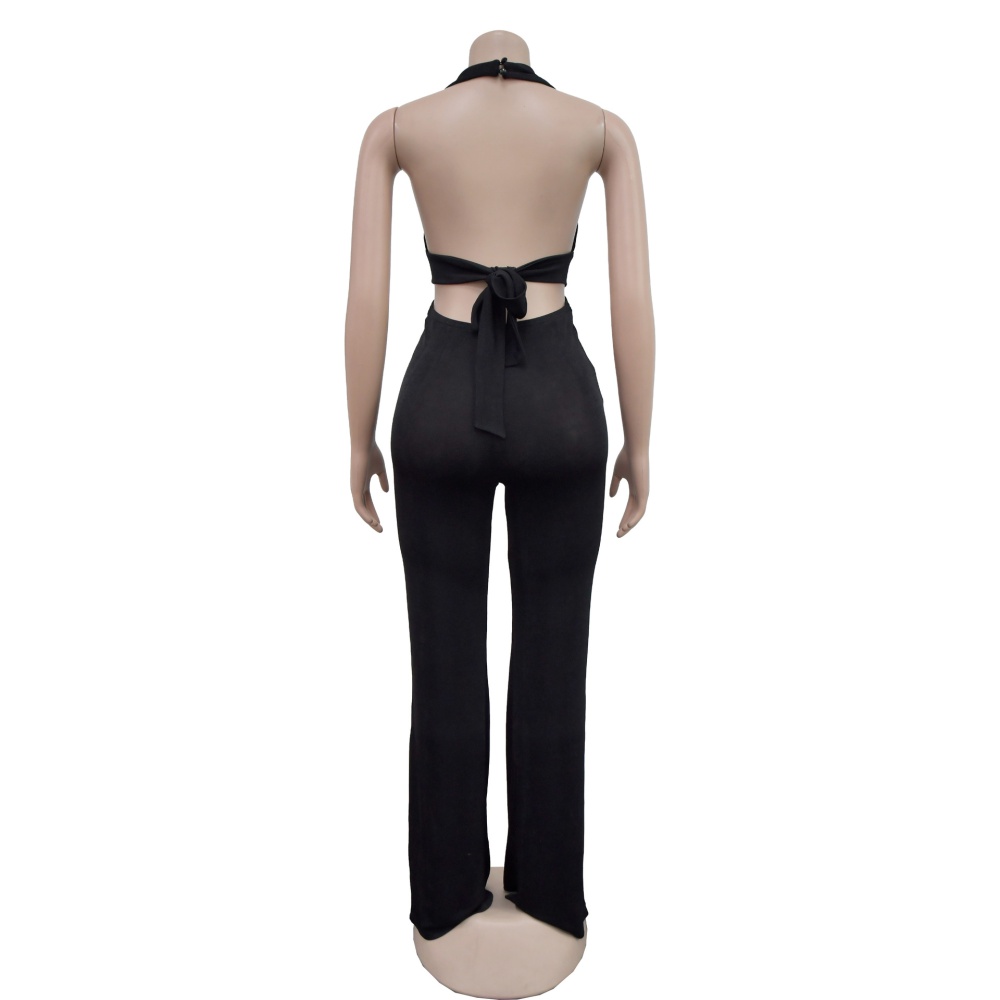 V-neck pure jumpsuit European style fashion long pants