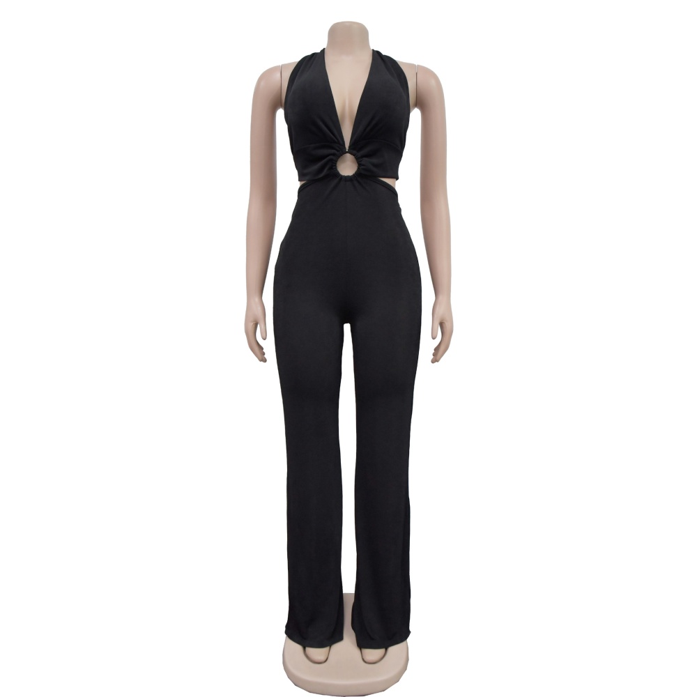 V-neck pure jumpsuit European style fashion long pants