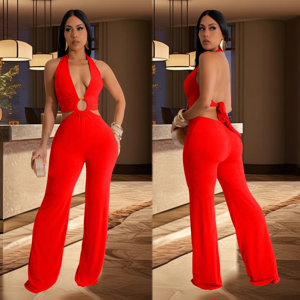 V-neck pure jumpsuit European style fashion long pants