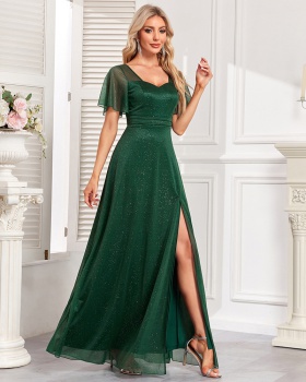 Shiny chiffon long dress short sleeve evening dress