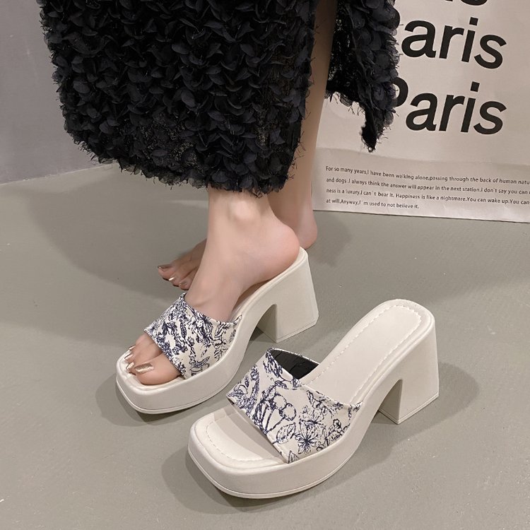 Square head slippers high-heeled shoes for women