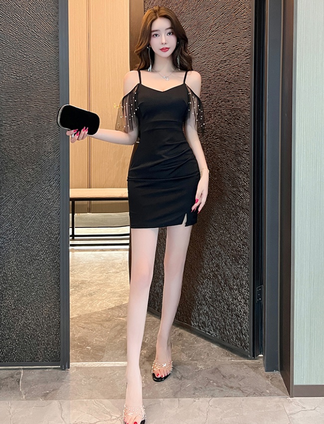 Low-cut slim sexy pinched waist split dress for women