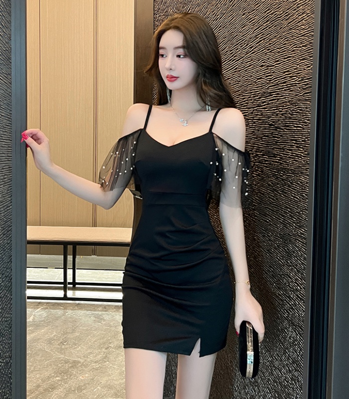 Low-cut slim sexy pinched waist split dress for women