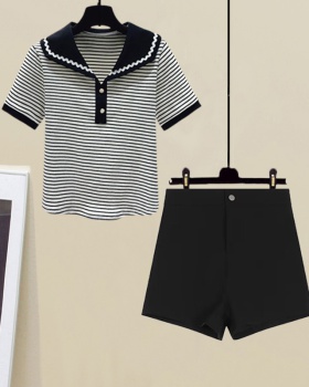 Stripe high elastic tops short sleeve shorts a set for women