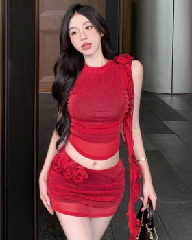 Sexy splice short skirt spicegirl tops 2pcs set