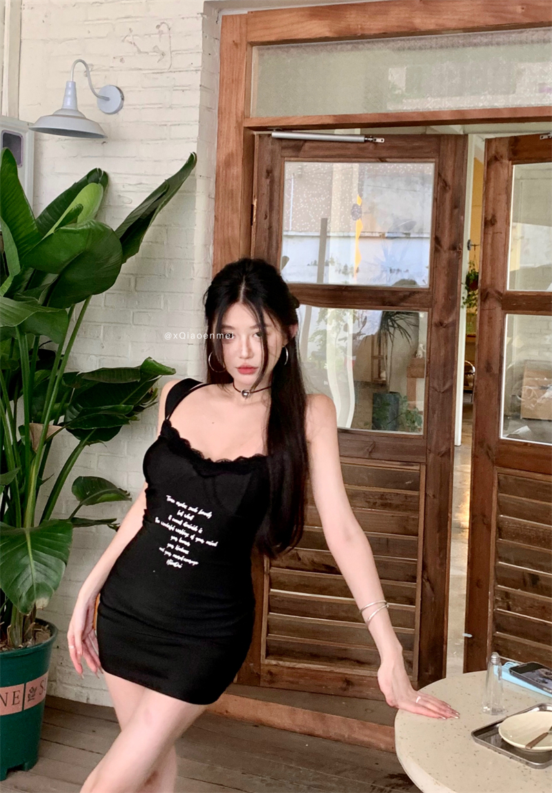 Spicegirl pinched waist sexy black sling dress
