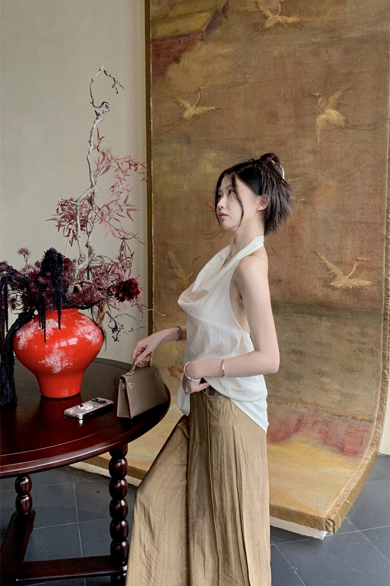 Halter drape long pants crimp Casual vest 2pcs set