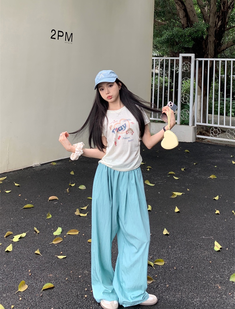 Cartoon printing T-shirt light-blue Casual wide leg pants