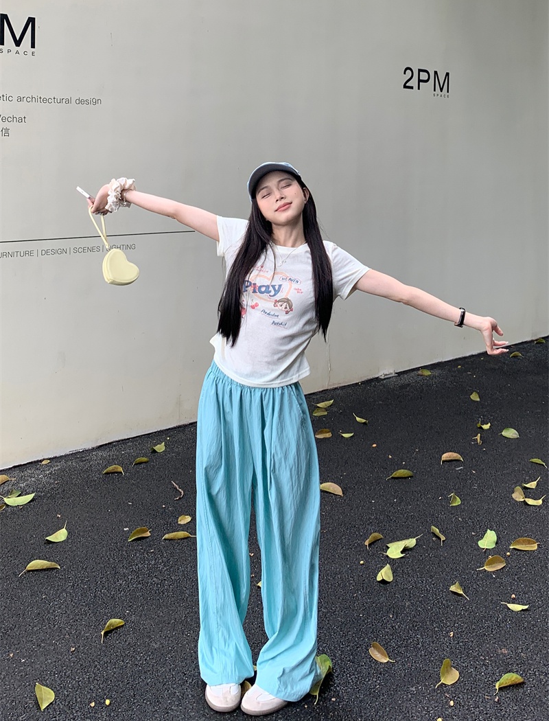 Cartoon printing T-shirt light-blue Casual wide leg pants