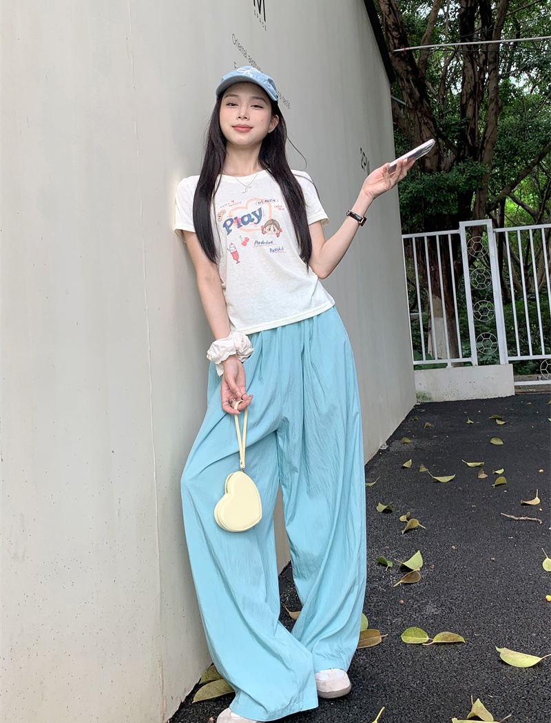 Cartoon printing T-shirt light-blue Casual wide leg pants